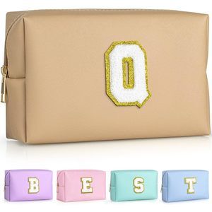 Initial Makeup Bag For Travel, Chenille Letter Pouch Cosmetic Bag, Pu Leather🌟